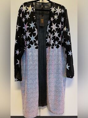 L&B Star Sequin Kimono Duster 3X Sheer Black Festival Overlay NWT